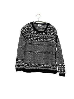 old navy women black white knit cotton jacquard sweater sz small crew neck